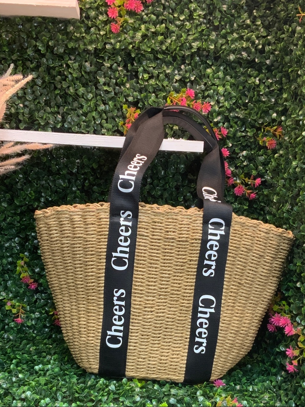 Straw Tote Bag with 'Cheers' Black Ribbon Handles